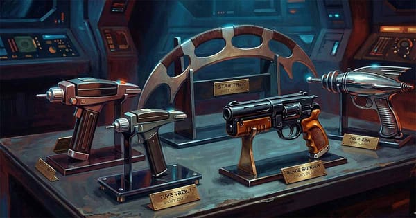 Classic science fiction weapons on display including phasers, ray guns, blasters, and alien blades in futuristic armory setting.