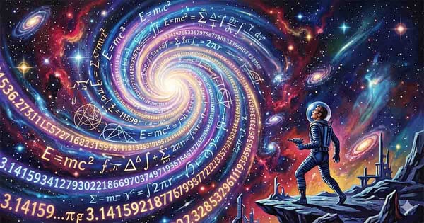 Astronaut observing a spiral galaxy made of glowing equations and the digits of pi in deep space, classic science fiction illustration style.