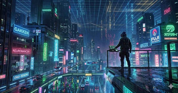 Cyberpunk hacker overlooking a neon city with a digital cyberspace grid inspired by the world of "Neuromancer".