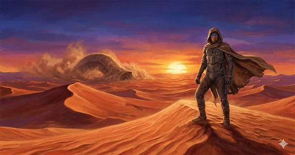 Fremen warrior in a stillsuit standing on a sand dune at sunset on Arrakis while a giant sandworm rises in the desert behind him.