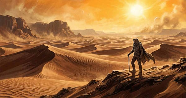 A stillsuit-clad observer stands on a rocky ridge studying the vast desert landscape of Arrakis under a harsh sun.