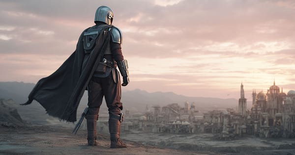 Mandalorian warrior in beskar armor overlooking a ruined city at sunset in Star Wars, symbolizing the Mandalorian Creed and code of honor.